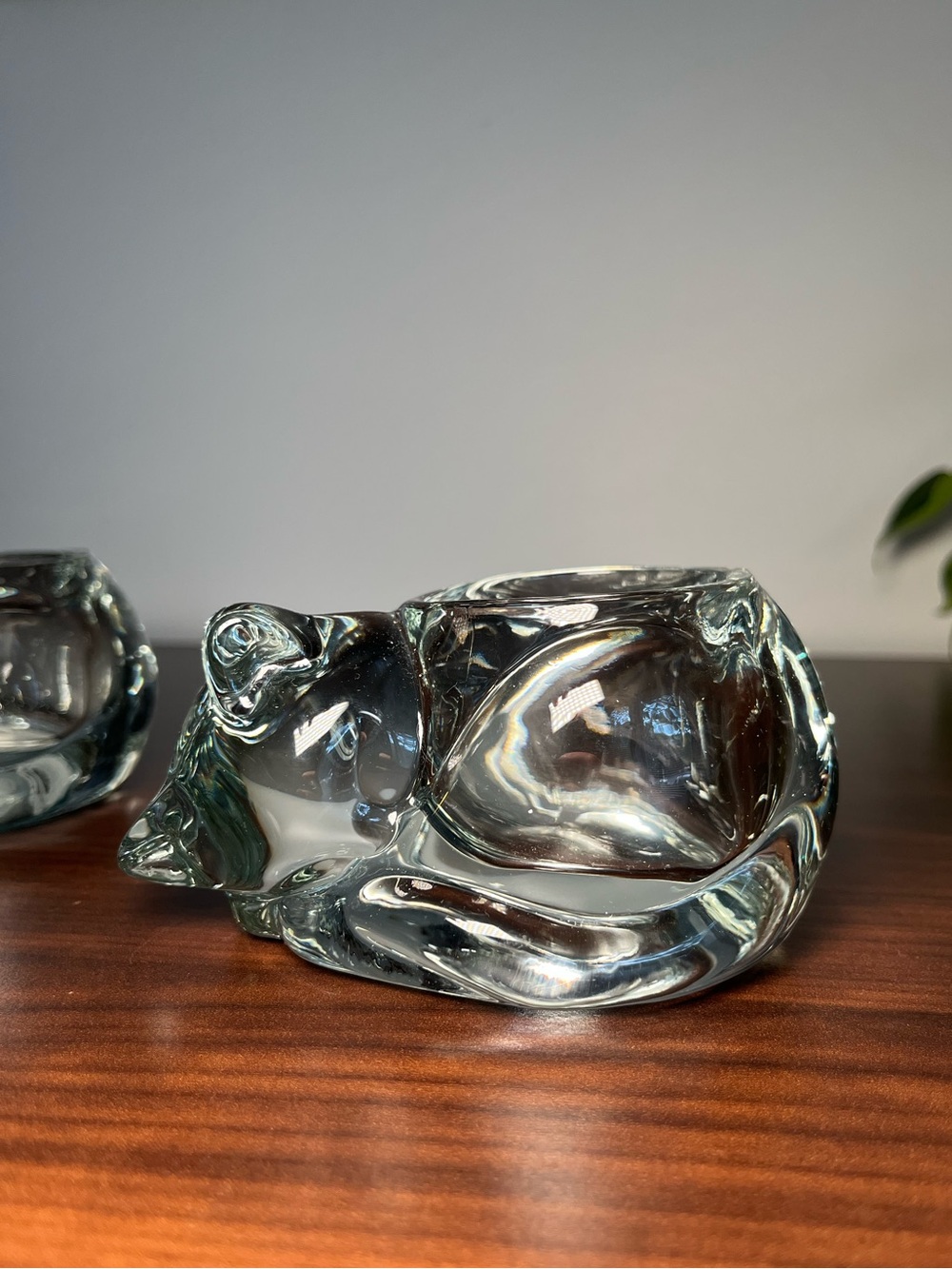 Set of 2 Indiana Glass Crystal candle holder MCM molded glass sleeping cat